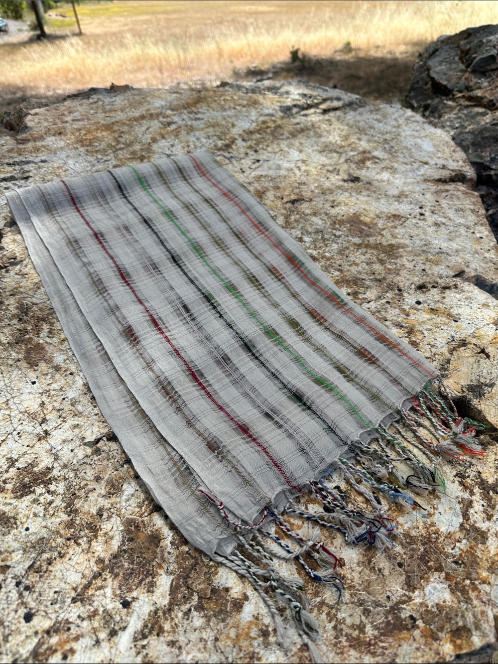 Light Gray Handwoven Scarf with Colorful Stripes